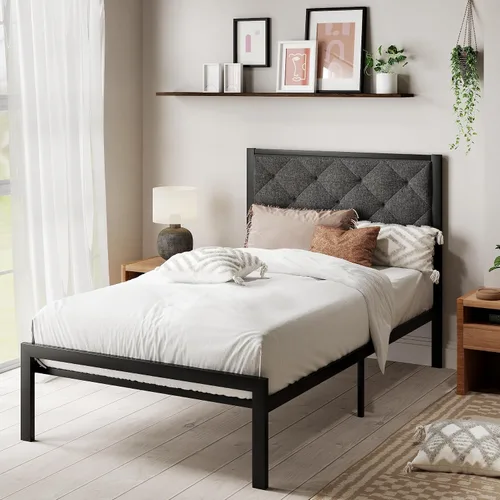 Miniatura 7 de MUTICOR Elegante marco de cama tamaño individual con cabecera tapizada de piel sintética con botones, listones de metal resistentes, almacenamiento