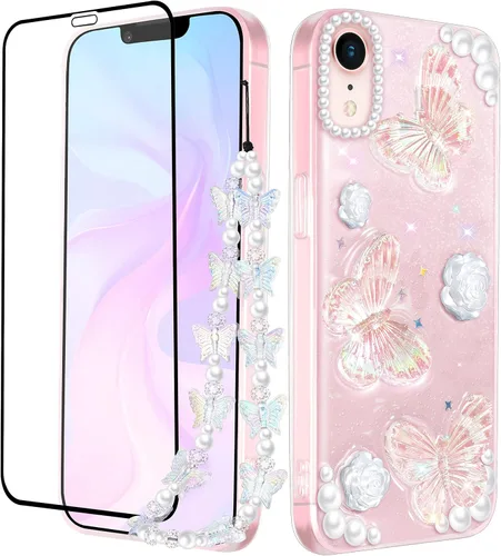 Miniatura 8 de Funda 3 en 1 para iPhone SE/7/8: diseño de mariposa 3D, purpurina, brillante, cristal, estilo lindo femenino, cadena y protector de pantalla