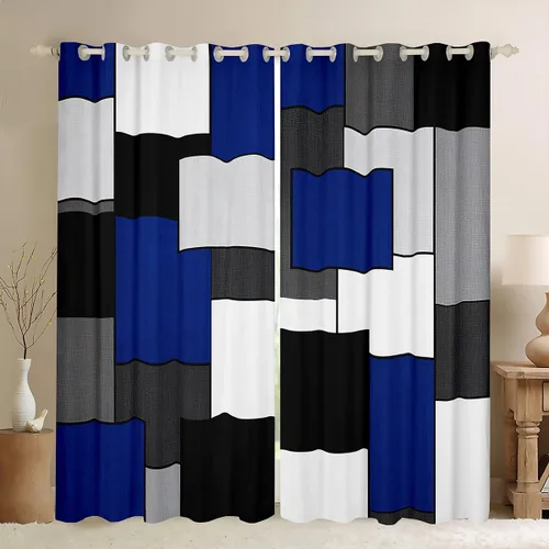 Manfei Cortinas opacas geométricas de color azul real, cortinas cuadradas para ventana de decoración de habitación de niñas, tratamiento abstracto