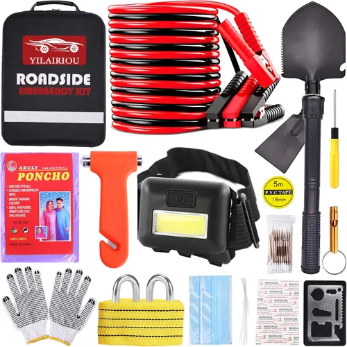 Miniatura 9 de Car Roadside Emergency Kit, with Jumper Cables Automotive Kit,Car Safety Roadside Assistance Kit Headlamp,Tow Straps, Safety Hammers, Rainwear