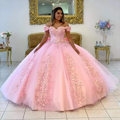 Miniatura 2 de XYAYE Vestidos de quinceañera con hombros descubiertos para mujer, vestido de fiesta hinchado de flores 3D, vestido de fiesta de encaje con cuentas