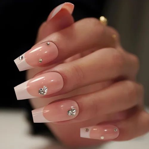 Uñas postizas a presión con puntas francesas, uñas postizas de color rosa medio con diamantes de imitación brillantes, uñas postizas acrílicas de