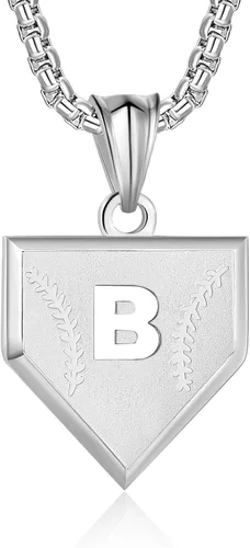 Miniatura 13 de Collar con inicial de la A a la Z para niños, de acero inoxidable, con dije de escudo de letra, cadena de 22 + 2 pulgadas, inspirador de béisbol