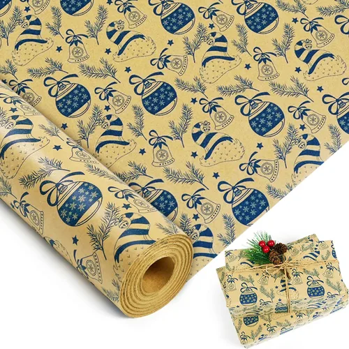 Miniatura 11 de Rollo de papel de regalo de Navidad, rollo de papel kraft vintage, 17 pulgadas x 49 pies, copos de nieve, hojas/bayas de acebo, papel de regalo
