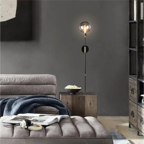 Miniatura 4 de KCO Apliques de pared con enchufe de 1 luz, cable de interruptor de encendido/apagado, lámpara de pared moderna negra con brazo largo de globo