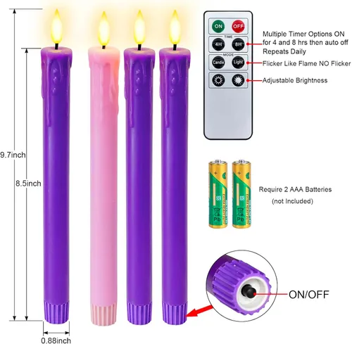 Miniatura 3 de Juego de 4 Luces de Velas LED de Navidad, Velas Cónicas que Funcionan con Batería para Corona de Adviento, 3 Moradas 1 Rosa Velas de Cera Sin Llama