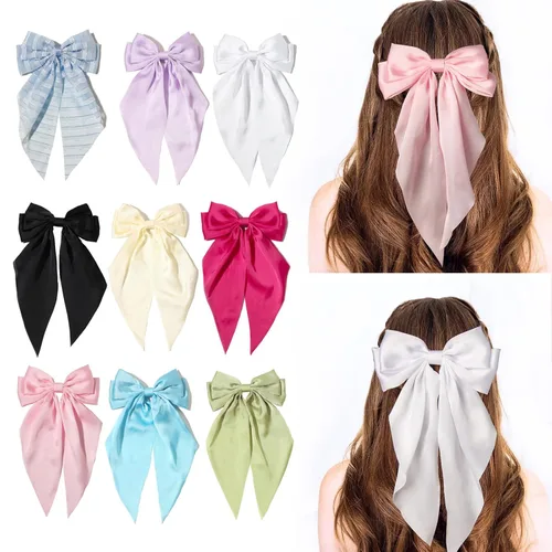 Miniatura 18 de Furling Pompoms Pinza para el Cabello Lazos para el Cabello, 2 piezas Lazos Grandes de Satén Beige/Negro para Mujeres y Niñas, Pasadores