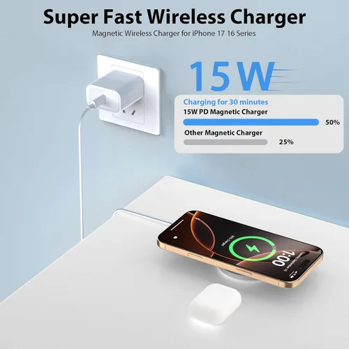 Miniatura 2 de Cargador inalámbrico magnético [certificado Apple MFi], 3.3 pies, 15 W, cargador rápido Apple Mag-Safe con bloque de carga rápida USB C compatible