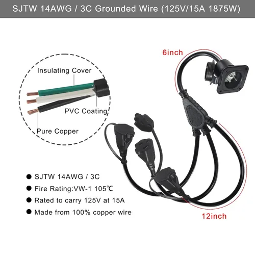 Miniatura 6 de Enchufe de Puerto de CA de 15A - Toma de Entrada de Alimentación de 125V con Cable de Extensión Triple de 18 Pulgadas, Enchufe NEMA 5-15 con Brida