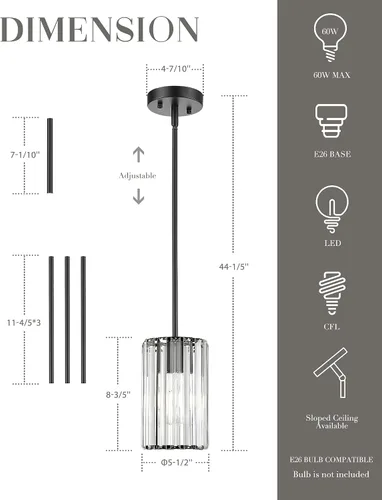 Miniatura 3 de Lámpara Colgante de Cristal, Mini Lámpara de Araña con Acabado Negro Mate, Moderna Lámpara Colgante para Cocina, Comedor, Recámara, CKPL5510-1P-BK