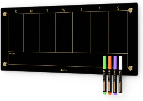 Miniatura 9 de Calendario semanal de borrado en seco dorado de cristal negro y pizarra blanca de menú para pared, planificación de comidas y lista de compras