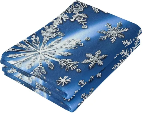 Miniatura 3 de Pfrewn Juego de 2 toallas de mano de copos de nieve azules de invierno, juego de 2 toallas de baño de nieve con purpurina brillante de zafiro de 16