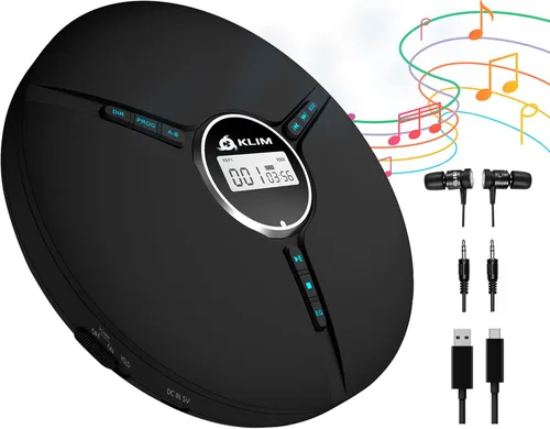 KLIM Discman - Reproductor de CD portátil con auriculares, batería incorporada, nueva versión, reproductores de CD para el hogar, automóvil, Negro