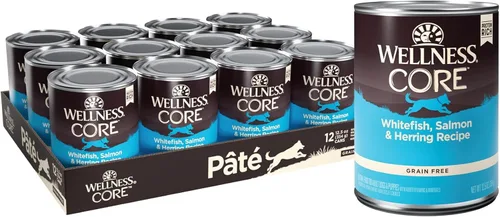 Wellness CORE Alimento húmedo natural sin granos para perros enlatado, pescado blanco, salmón y arenque, lata de 12.5 onzas (paquete de 12)