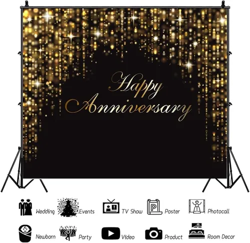 Miniatura 2 de Telón de fondo de feliz aniversario de 10 x 8 pies con purpurina negra y dorada para aniversario, letrero de aniversario para mujeres y hombres