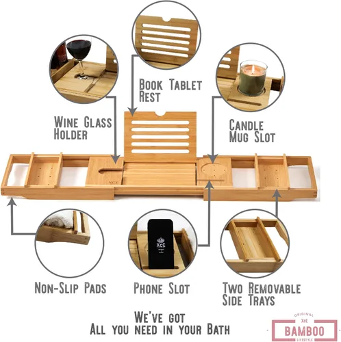 Miniatura 2 de XcE Bandeja de bambú para bañera, expandible hasta 41 pulgadas con soporte para libros, soporte para jabón y almohadillas antideslizantes para spa