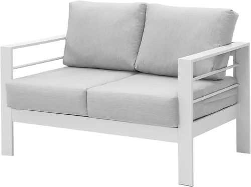 Wisteria Lane - Juego de muebles de patio de aluminio, sofá seccional para todo tipo de clima de 2 plazas, silla de metal blanco con cojines gris
