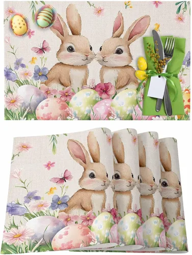 Juego de 4 manteles individuales con diseño floral de conejo de Pascua, manteles individuales lavables para cocina, mesa de comedor, manteles