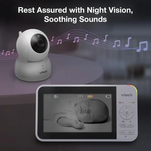 Miniatura 6 de VTech Monitor de bebé sin WiFi, pantalla de 5 pulgadas y zoom panorámico remoto para recién nacidos, a prueba de piratas, batería de 17 horas, rango