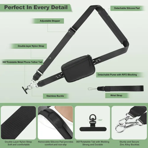 Miniatura 5 de YFWE Correa de clip and go para teléfono con cartera cruzada, cordón ajustable para teléfono con cartera RFID desmontable, correa universal