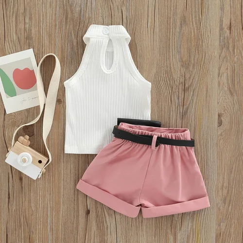 Miniatura 133 de TheFound Trajes de verano para niñas pequeñas, sin mangas, de punto acanalado, halter, pantalones cortos, ropa para recién nacidos, conjunto de 3