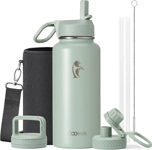 Miniatura 45 de Coolflask Botella de agua de 20 onzas aislada con pajilla, 3 tapas de metal de acero inoxidable, botella de agua de boca ancha para deportes u