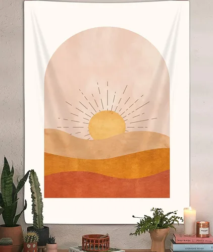 Miniatura 2 de DYNH Tapiz vertical de sol bohemio, tapiz bohemio de desierto de montaña para colgar en la pared para dormitorio, tapiz minimalista amarillo, póster