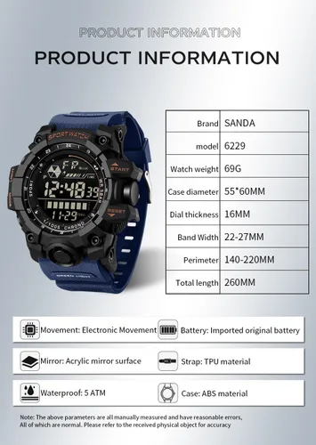 Miniatura 6 de FANMIS Reloj deportivo de cuarzo digital multifunción militar para hombre, impermeable, con alarma, LED, azul