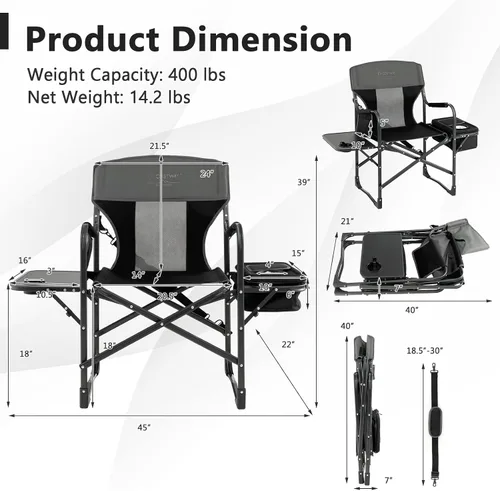 Miniatura 3 de COSTWAY Silla de camping plegable, silla de director de alta resistencia soporta 400 libras para adultos con mesa auxiliar, bolsa refrigeradora