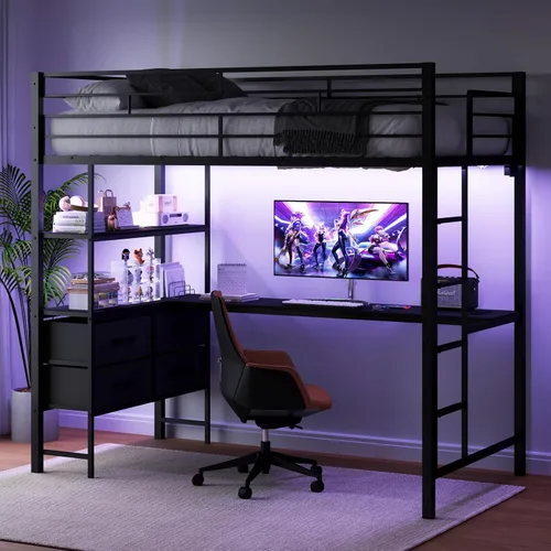 Miniatura 11 de VINGLI Base de cama individual de metal con barandilla de seguridad de 15 pulgadas, escalera antideslizante, 2 estaciones de carga, escritorio