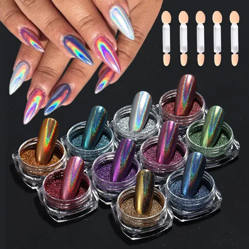 Miniatura 21 de Polvo de uñas cromado, efecto espejo, polvo metálico, 6 colores, bronce, marrón, negro, oro rosa, holográfico, purpurina cromada, pigmento en polvo