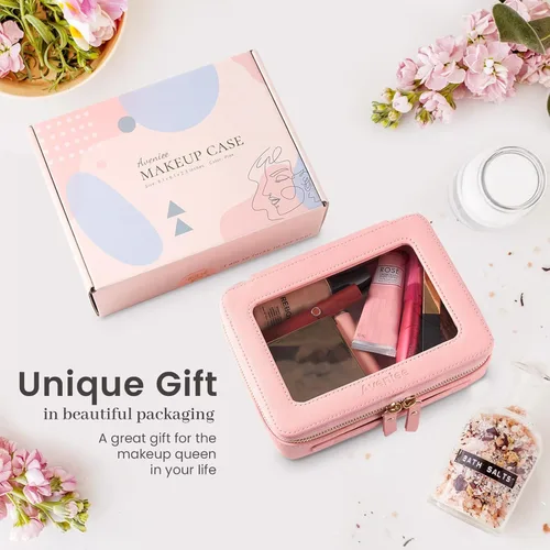 Miniatura 4 de Aveniee Organizador de bolsa de maquillaje transparente, bolsa de aseo de viaje para mujer, bolsa de cosméticos impermeable con cremalleras, Rosa