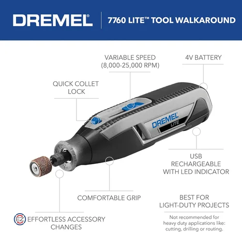 Miniatura 12 de Dremel Lite 7760 N/10 - Herramienta rotatoria inalámbrica de iones de litio de 4V, kit multipropósito de velocidad variable, carga USB, cambios