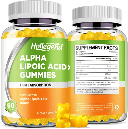 Miniatura 8 de Gomitas de ácido alfa lipoico de 1000 mg con biotina, suplemento de ALA masticable de alta absorción para antioxidantes, salud cerebral y apoyo