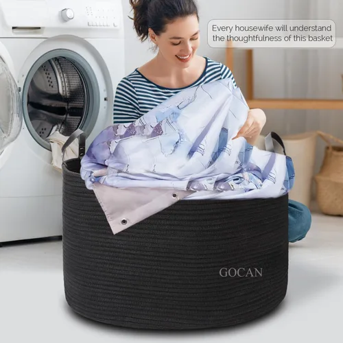 Miniatura 4 de GOCAN Cesta de almacenamiento extragrande para lavandería, 22 x 22 x 14 pulgadas, cuerda de algodón tejida para cesta de mantas con asas para sala