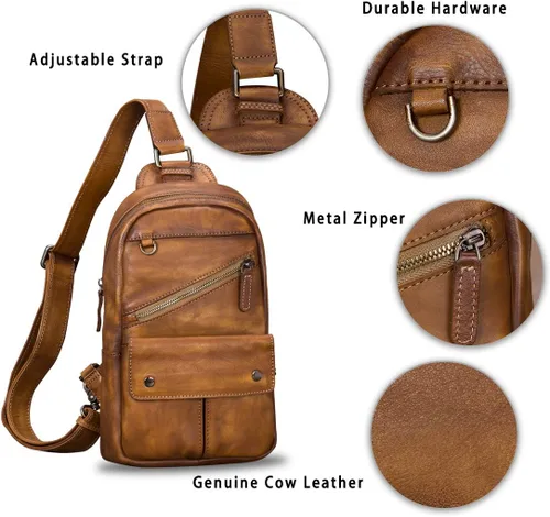 Miniatura 6 de IVTG Bolso bandolera de cuero genuino para hombres y mujeres, estilo vintage, hecho a mano, bolso de hombro, bolso cruzado en el pecho, Marrón