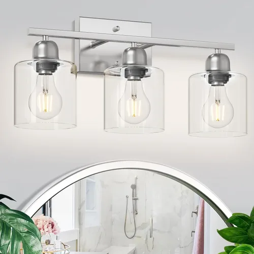 Miniatura 16 de Luz de baño de níquel cepillado, Luz de tocador de baño de 2 luces de níquel cepillado, Lámpara de tocador con pantallas de vidrio esmerilado blanco