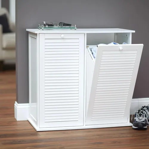 Miniatura 2 de Household Essentials Armario clasificador de ropa inclinable con frente de persiana, blanco, persiana de madera blanca Obturador de madera blanca