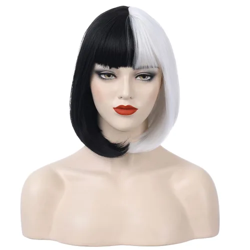 PATTNIUM Peluca corta y recta con flequillo, peluca sintética de dos colores para mujeres y niñas, color blanco y negro