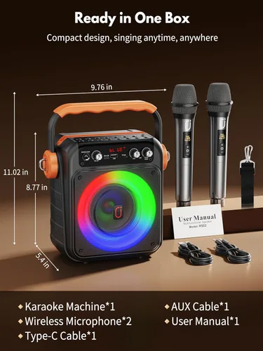 Miniatura 4 de Máquina de karaoke con 2 micrófonos inalámbricos: HWWR Altavoz Bluetooth 5.3 portátil para karaoke con luz, sistema PA para fiesta en casa