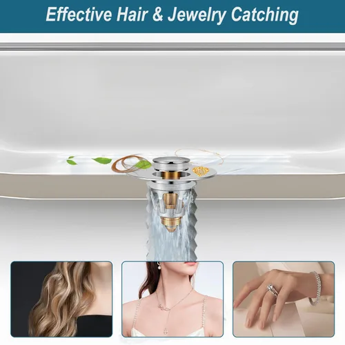 Miniatura 6 de Tapón universal para lavabo de baño, colador de drenaje desplegable mejorado con recogedor de pelo, se adapta a agujeros de drenaje estándar