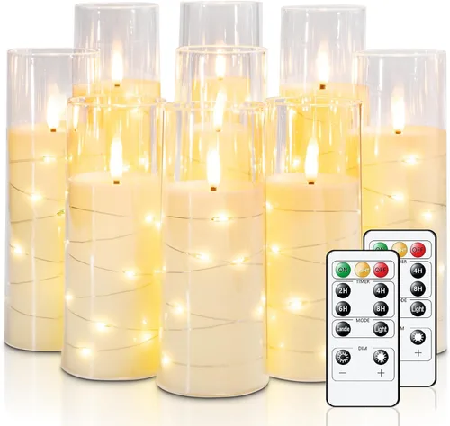 Miniatura 19 de Raycare Vela sin llama con temporizador remoto, 7 velas LED de acrílico parpadeantes con cuerda de estrella integrada para Navidad, boda, decoración