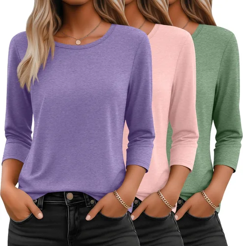 Miniatura 25 de Ficerd Paquete de 3 camisetas de manga 3/4 para mujer, cuello redondo, camisetas básicas elegantes, casuales, modernas, holgadas