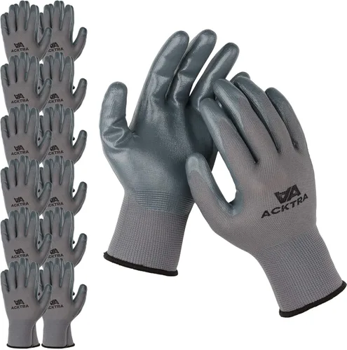 ACKTRA Guantes de trabajo de seguridad con revestimiento de nitrilo, 12 pares, WG003 gris/gris, XS