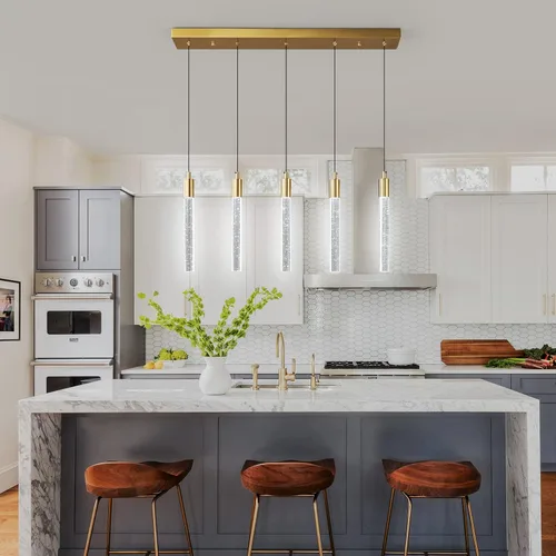 Miniatura 2 de Iluminación de Isla de Cocina Accesorio de Luz Moderna Lámpara Colgante Dorada Regulable LED Acabado de Latón Mini Luces Colgantes de Cristal