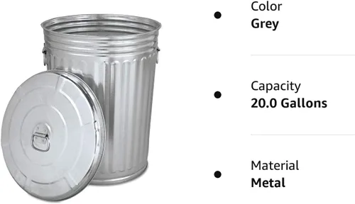 Plexon Bote de basura pregalvanizado con tapa redonda, acero, 20 galones, gris, cubo de basura al aire libre, 45520GALLONWLID