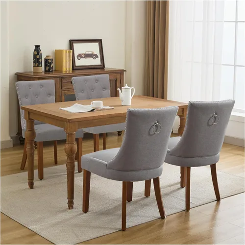 Miniatura 9 de Juego de 4 sillas de comedor tapizadas copetudas, sillas laterales de tela para comedor con cabeza de clavo en la parte trasera y patas de madera