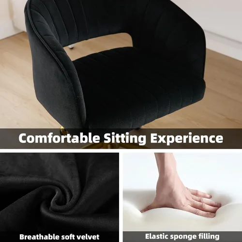 Miniatura 6 de Sillas de escritorio para oficina en casa Westice, silla rodante moderna de terciopelo, silla de tocador giratoria con base dorada y altura Negro
