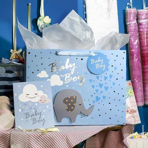 Miniatura 2 de MAYPLUSS Bolsa de regalo extra grande de 16 pulgadas con tarjeta de felicitación y papel de seda blanco, lindo bebé niño 3D haciendo bolsas
