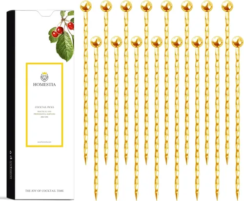 Homestia Púas de cóctel doradas, 16 púas de Martini torcidas de acero inoxidable de 4.3 pulgadas, brochetas de metal reutilizables para cócteles,